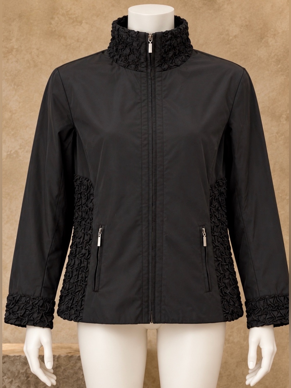 Vintage Zoe D Funnel Neck Black Ruched Textured Zip Jacket Y2K Medium
